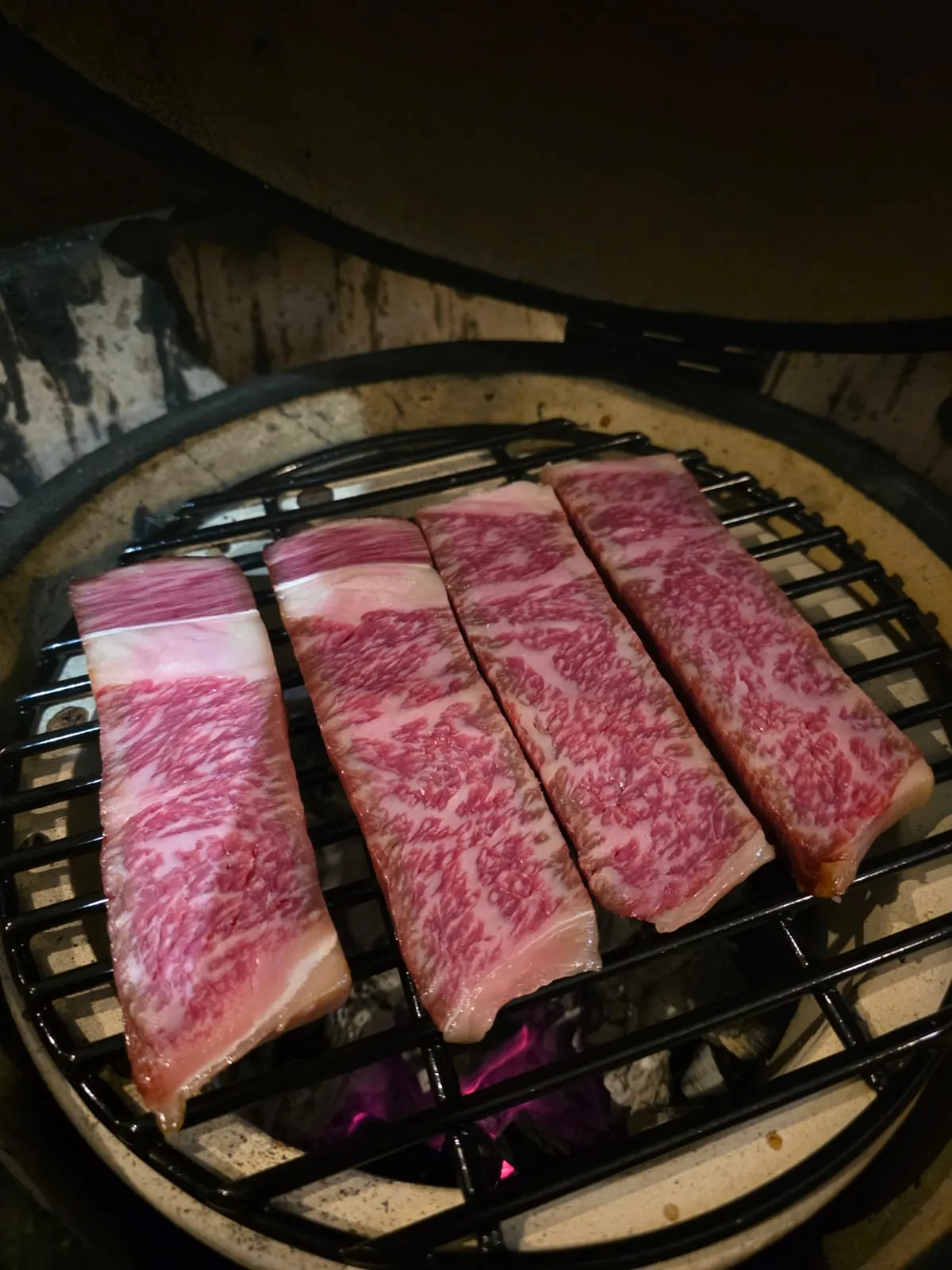 Pièces de bœuf persillé sur la grille d'un kamado